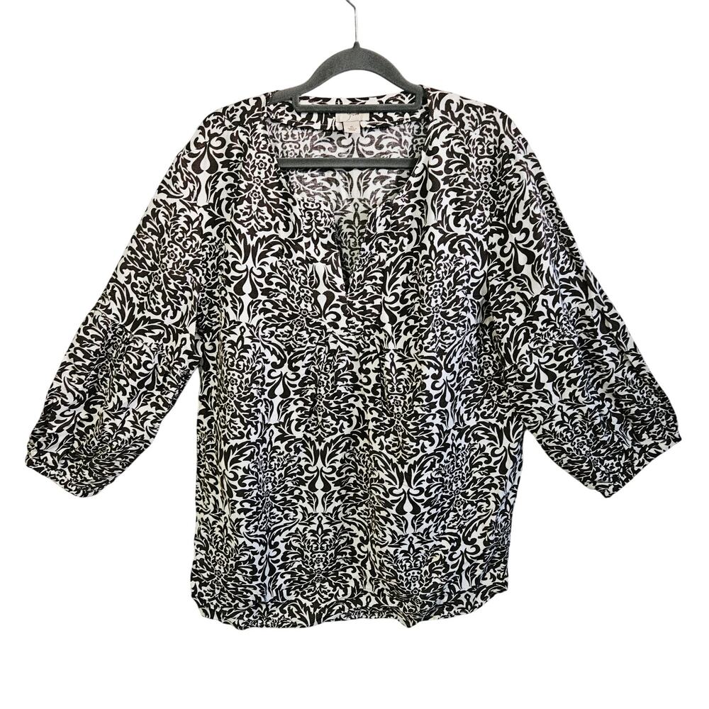 Yvos Women's Size XL Flowy Peasant Blouse Cream Brown Baroque Linen Blend Boho